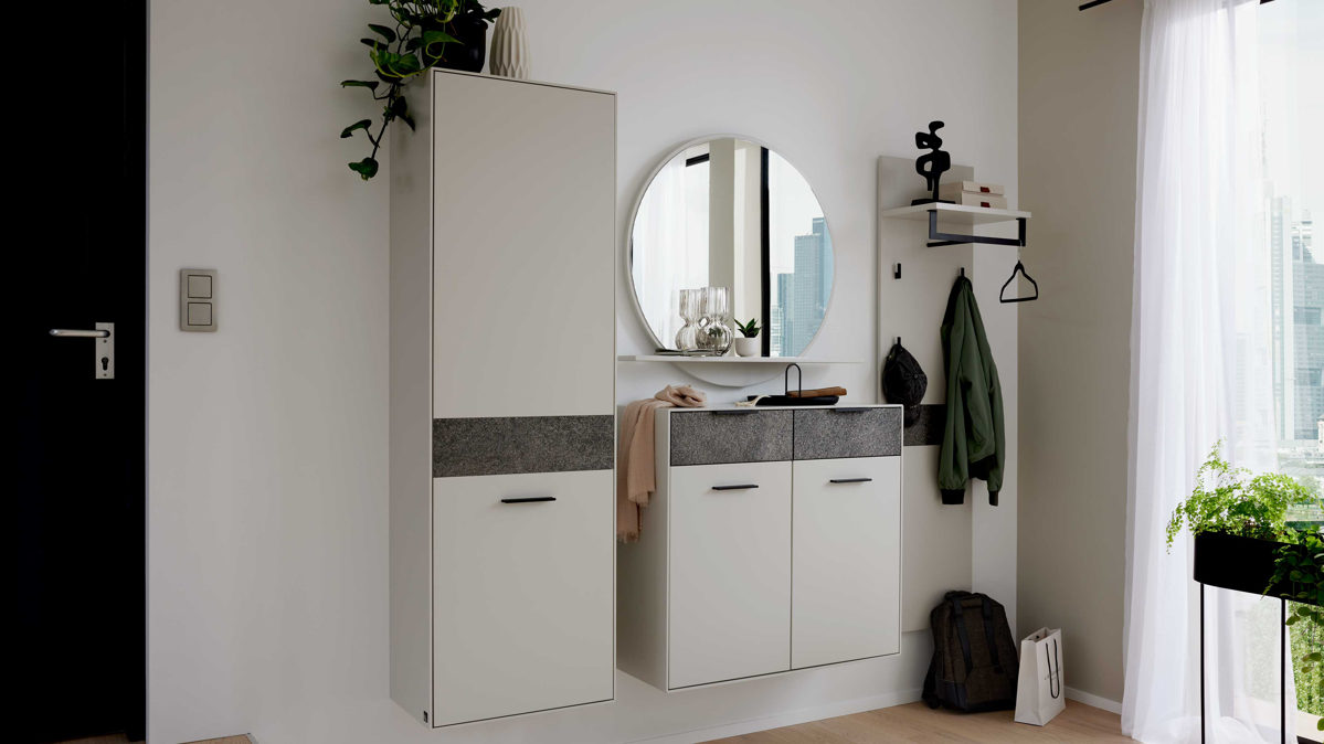 Garderoben-Set Interliving aus Holz in Weiß Interliving Garderoben Serie 6013 - Set 80 Sahara Creme & Granitfurnier - vierteilig