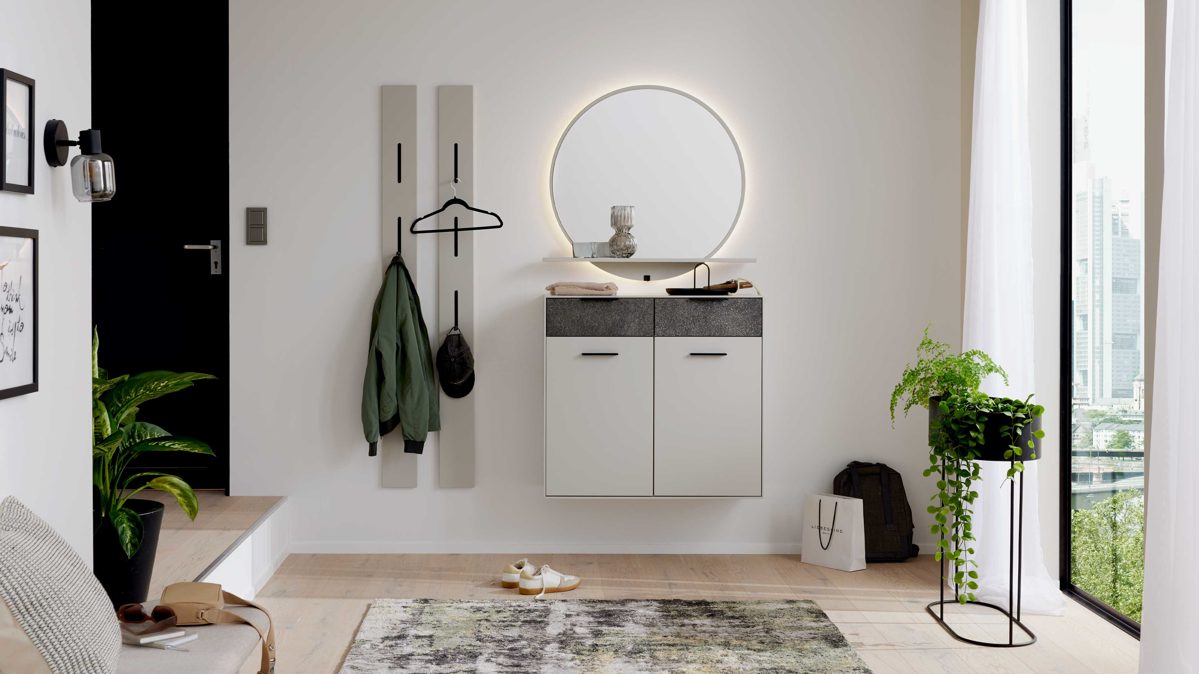 Garderoben-Set Interliving aus Holz in Weiß Interliving Garderoben Serie 6013 - Set 83 Sahara Creme & Granitfurnier - vierteilig