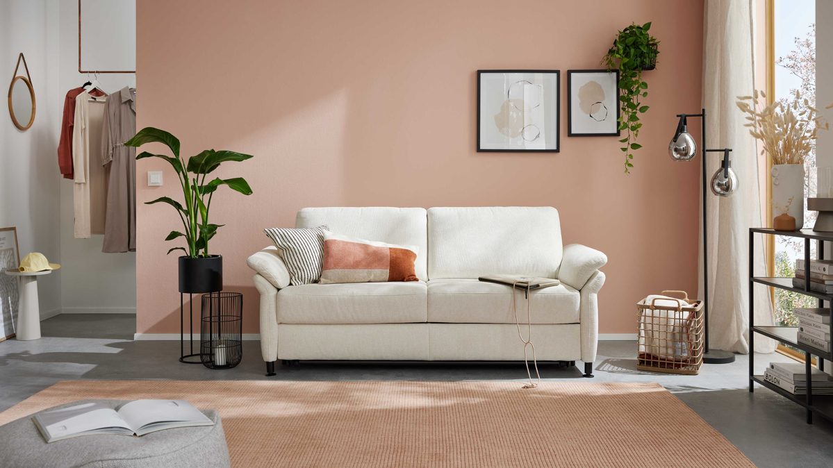 Schlafsofa Interliving aus Stoff in Weiß Interliving Sofa Serie 4700 - Schlafsofa 120LÄ naturweißes Flachgewebe Cyber & schwarze Aluminiumfüße - Breite ca. 188 cm