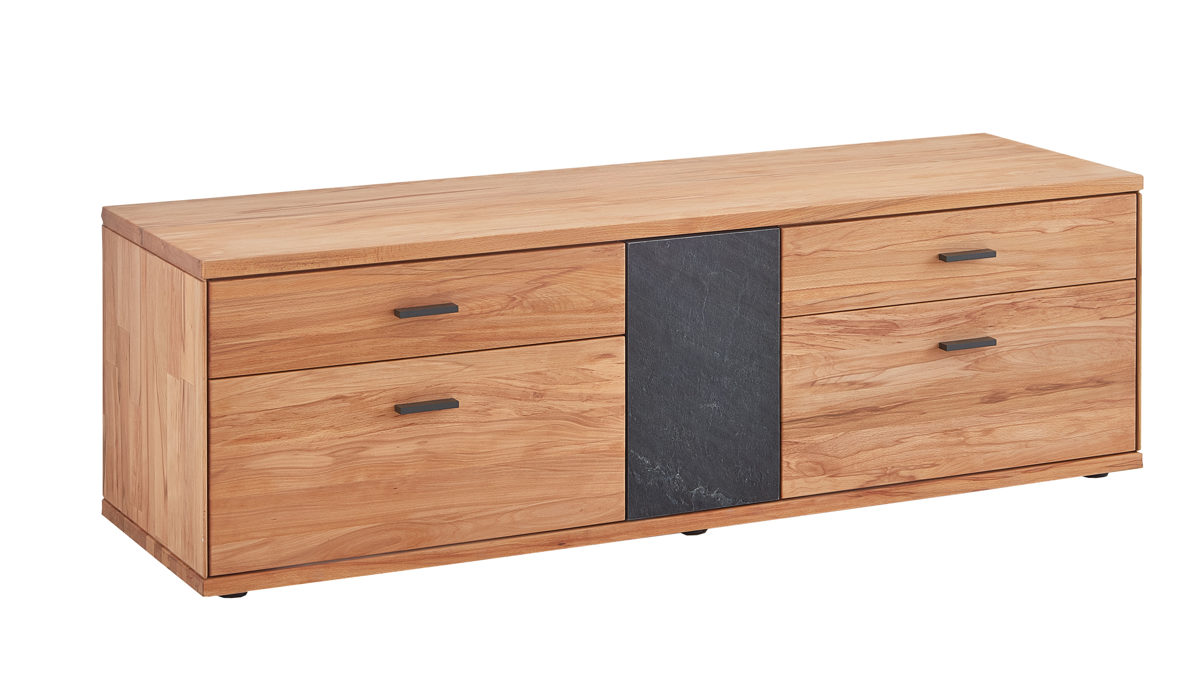 Lowboard Decker aus Holz in Holzfarben Hell Lowboard als TV-Möbel naturfarbene Kernbuche & Schiefer – drei Türen, zwei Schübe, ca. 182 x 40 cm