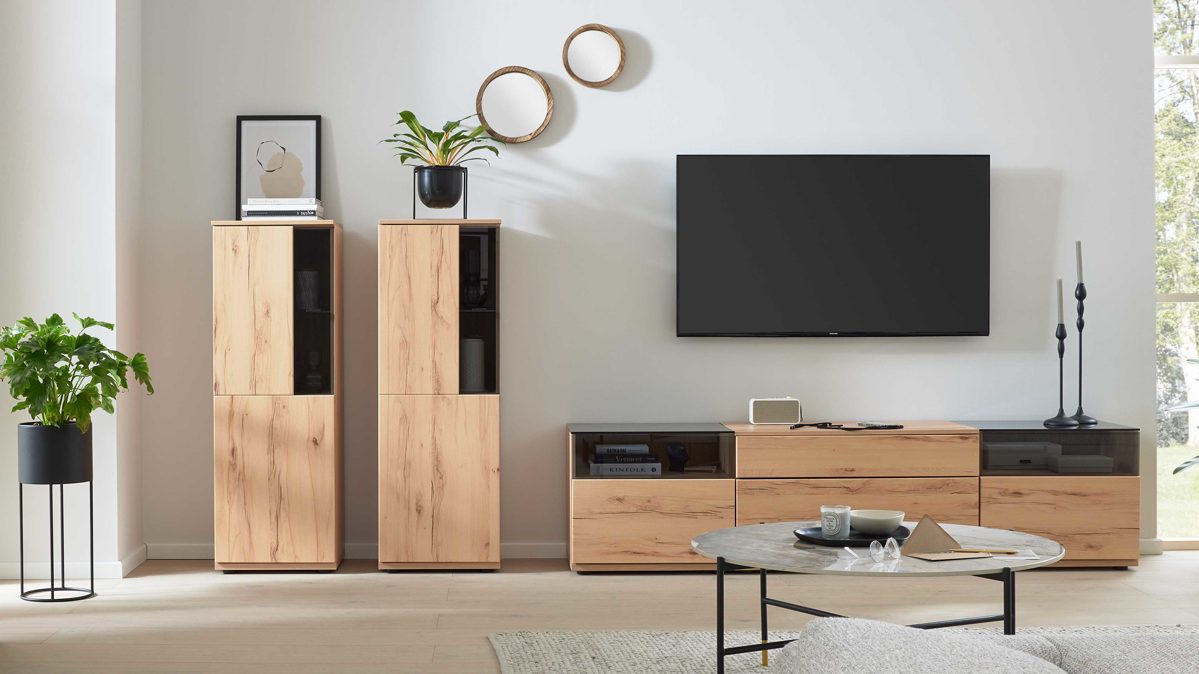 Wohnwand Interliving aus Holz in Holzfarben Interliving Wohnzimmer Serie 2031 - Wohnwand EB33002 Balkenbuche - Länge ca. 330 cm