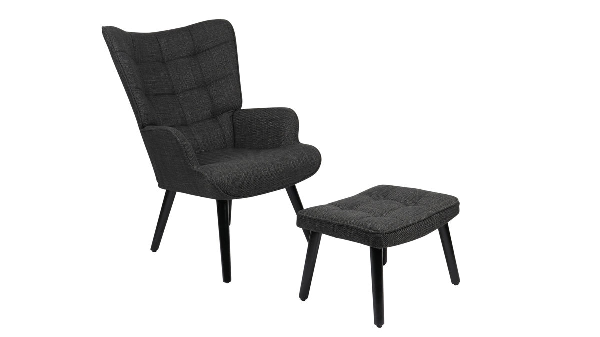 Relaxsessel Hela aus Stoff in Anthrazit Sessel mit Hocker Paros LS Anthrazit 28 & schwarzes Holzgestell