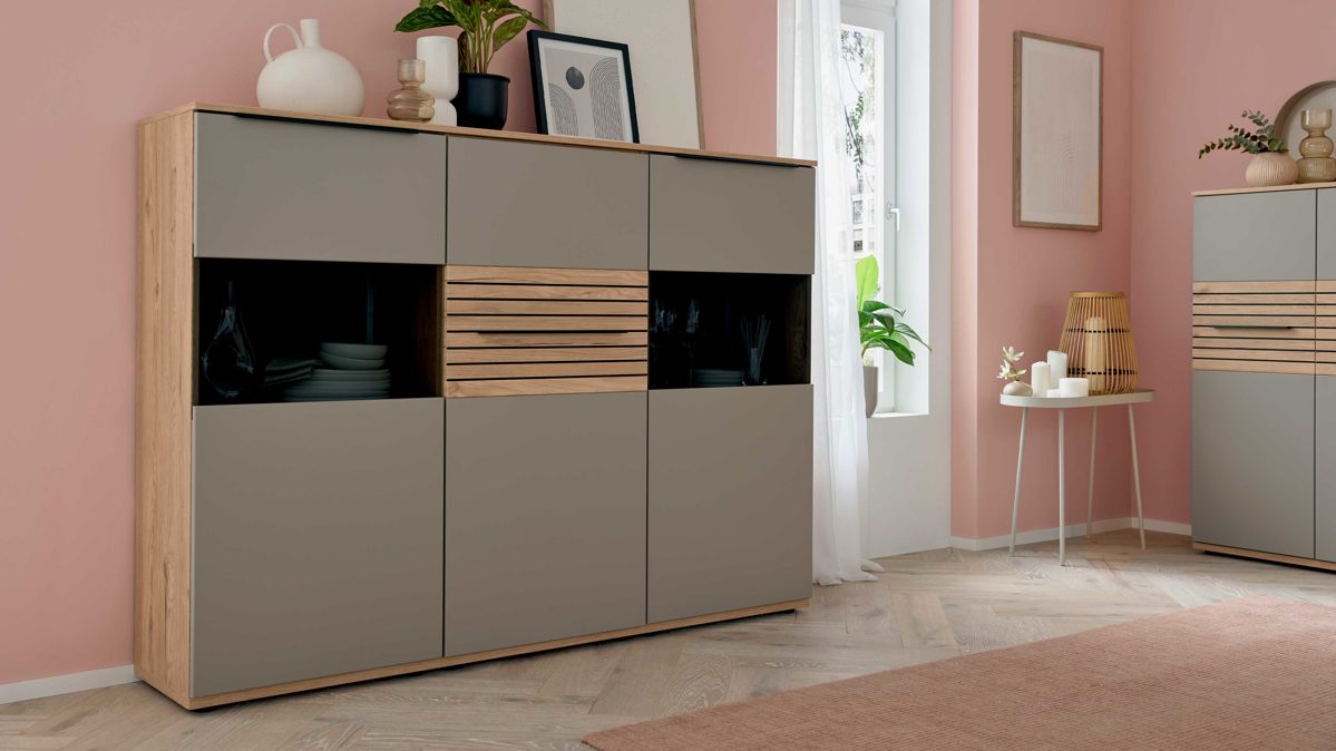 Highboard Interliving aus Holz in Grau Interliving Wohnzimmer Serie 2032 - Highboard Grau & Risseiche - drei Türen, Breite ca. 180 cm