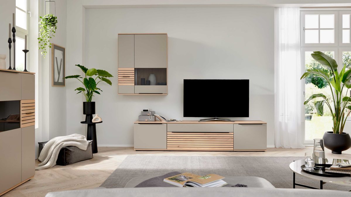 Wohnwand Interliving aus Holz in Grau Interliving Wohnzimmer Serie 2032 - Wohnwand EB27001 Grau & Balkenbuche - Länge ca. 270 cm