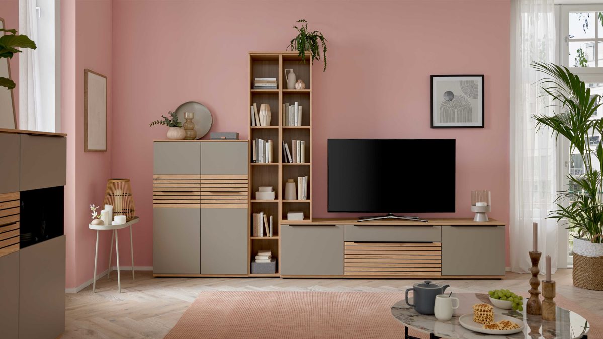 Wohnwand Interliving aus Holz in Grau Interliving Wohnzimmer Serie 2032 - Wohnwand Grau & Risseiche - Länge ca. 315 cm