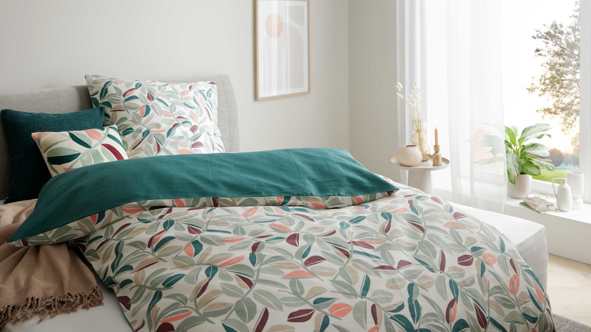 Bettwäsche-Set Interliving aus Stoff in Mehrfarbig Interliving Bettwäsche Serie 9131 floral pastellfarbener & dunkelgrüner Baumwollsatin - ca. 155 x 220 cm