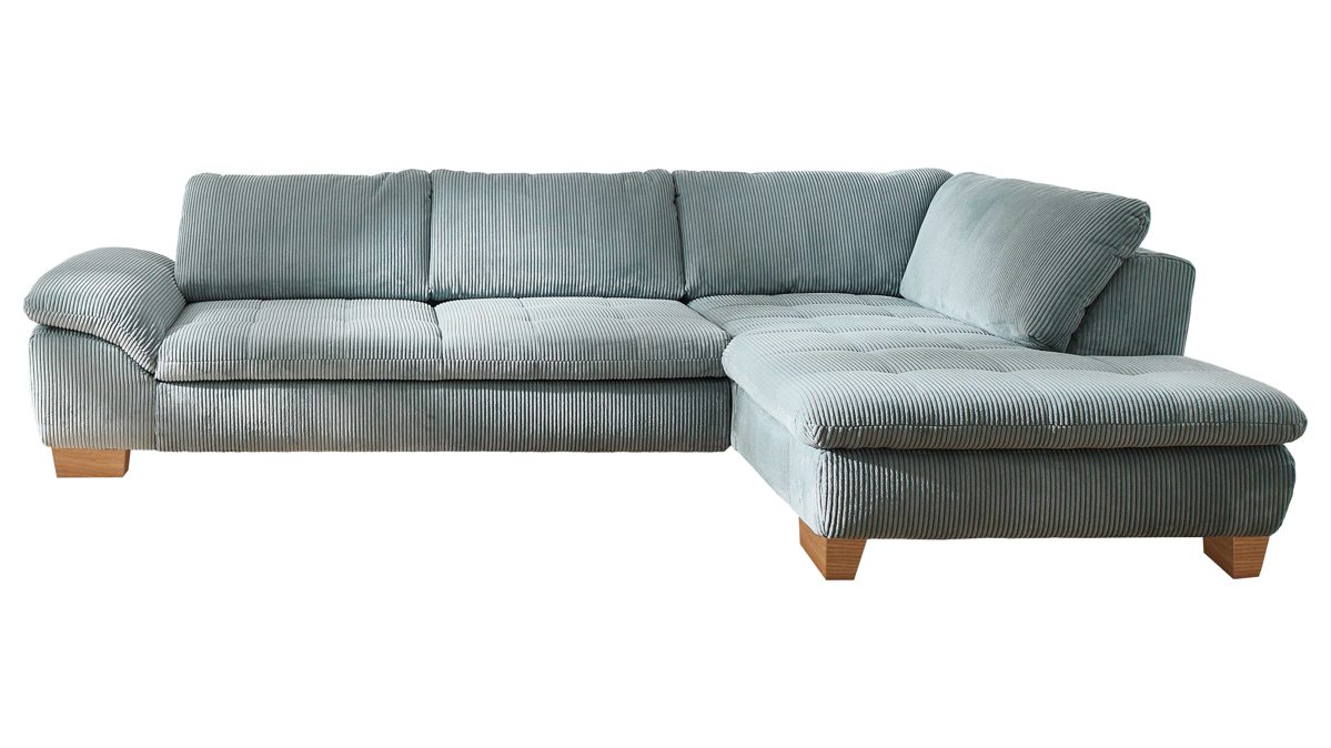 Ecksofa Megapol aus Stoff in Hellblau Polsterprogramm VS-MP1028 - Ecksofa aquafarbener Cord & Holzfüße - Stellfläche ca. 306 x 197 cm