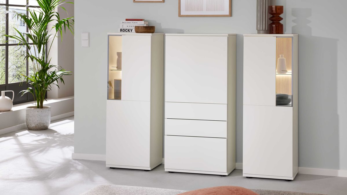 Highboard Interliving aus Holz in Weiß Interliving Wohnzimmer Serie 2031 - Highboardkombination B18077 Tonweiß - dreiteilig, Breite ca. 180 cm