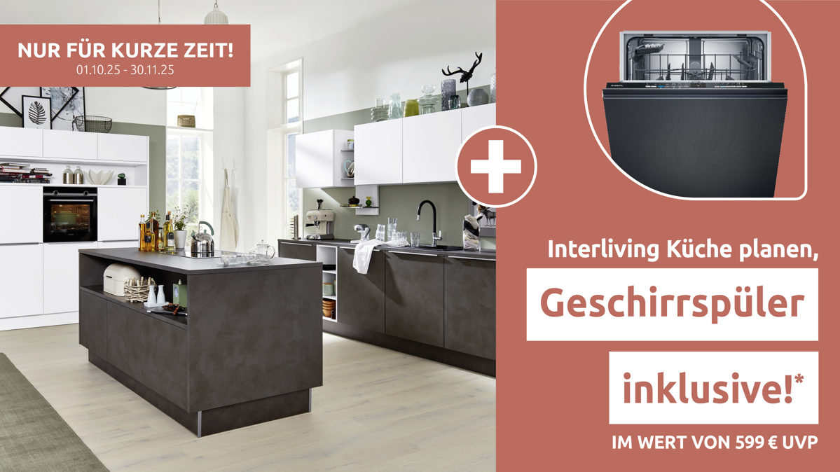Einbauküche Interliving aus Holz in Grau Interliving Küche Serie 3011 mit SIEMENS Einbaugeräten Zement Anthrazit & Weiß – dreizeilig