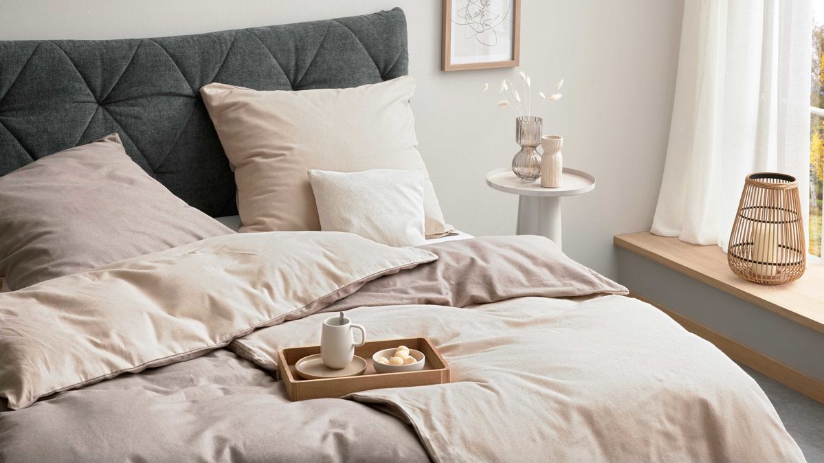 Bettwäsche-Set Interliving aus Stoff in Beige Interliving Bettwäsche Serie 9118 - Biberbettwäsche Creme & Cappuccino - ca. 80 x 80 cm und 155 x 220 cm