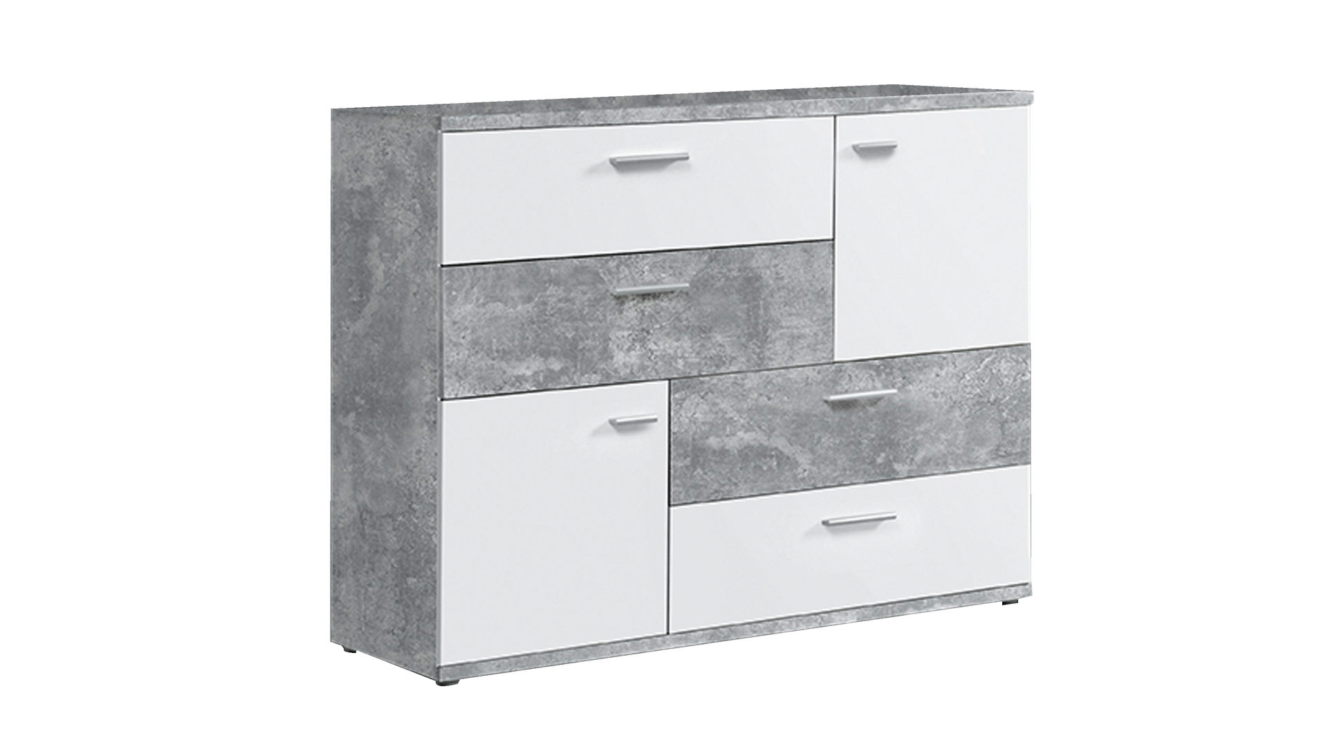 Kombikommode Forte® aus Nachbildung in Grau Kombikommode als Wohnzimmermöbel weiße & betonfarbene Kunststoffoberflächen – zwei Türen, vier Schubladen