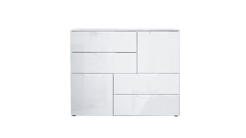 Kombikommode Forte® aus Holz in Weiß Kombikommode als Wohnzimmermöbel weiße Hochglanzfronten & weiße Kunststoffoberflächen – zwei Türen, vier Schubladen