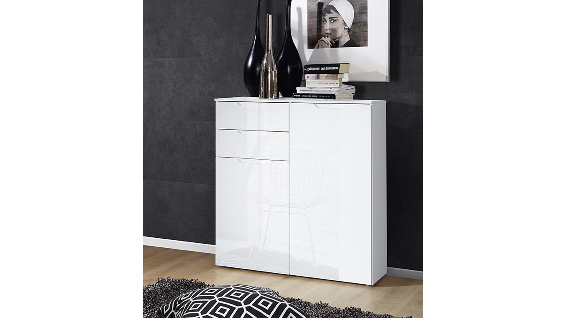 Highboard Forte® aus Holz in Weiß Highboard bzw. Kommode weiße Hochglanzfronten & weiße Kunststoffoberflächen – zwei Türen, zwei Schubladen