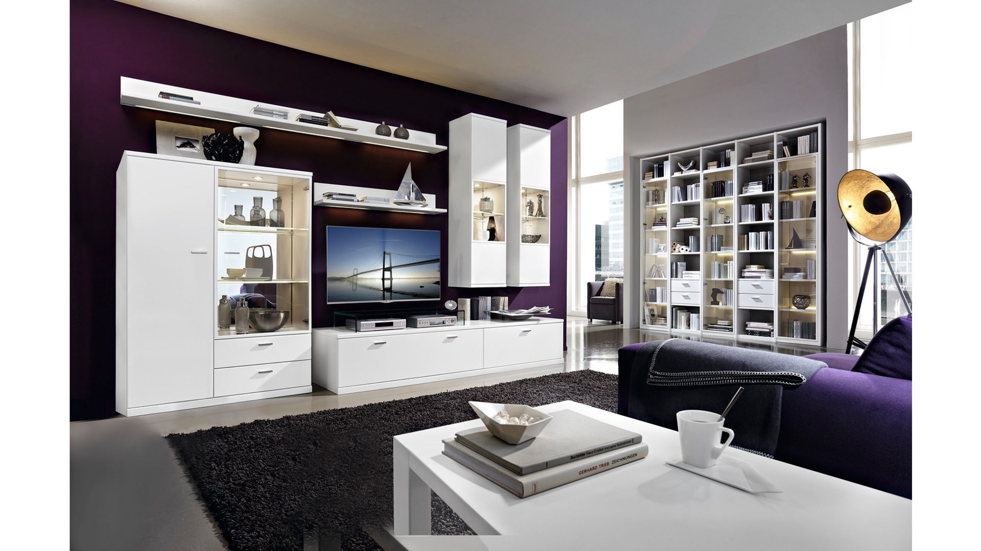 Wohnwand Rietberger möbelwerke | rmw aus Holz in Weiß Vancouver Wohnkombination mattweiße Lackoberflächen – Breite ca. 225 cm