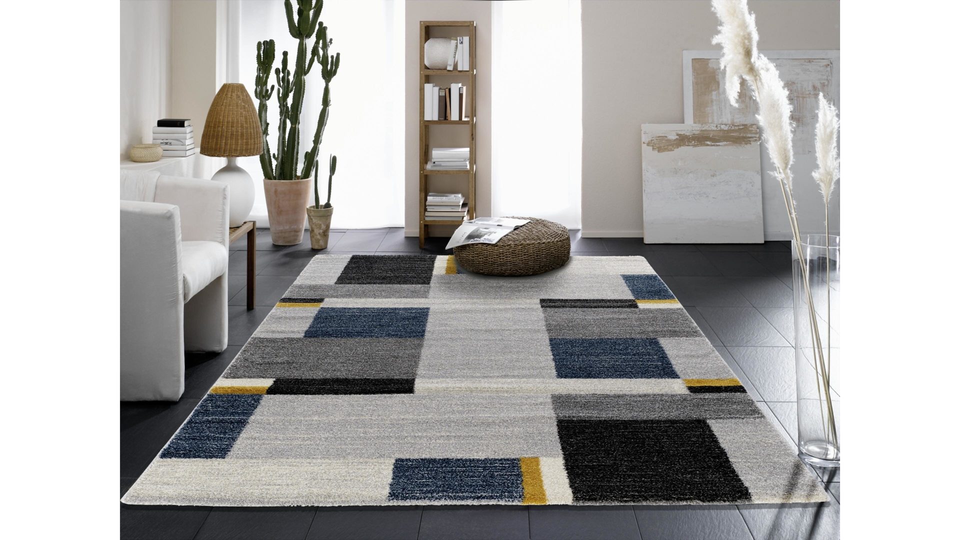 Webteppich Oci aus Kunstfaser in Blau Webteppich Castle Beppo für Ihre Wohnaccessoires blaue, graue & gelbe Kunstfaser Kunstfaser – ca. 140 x 200 cm