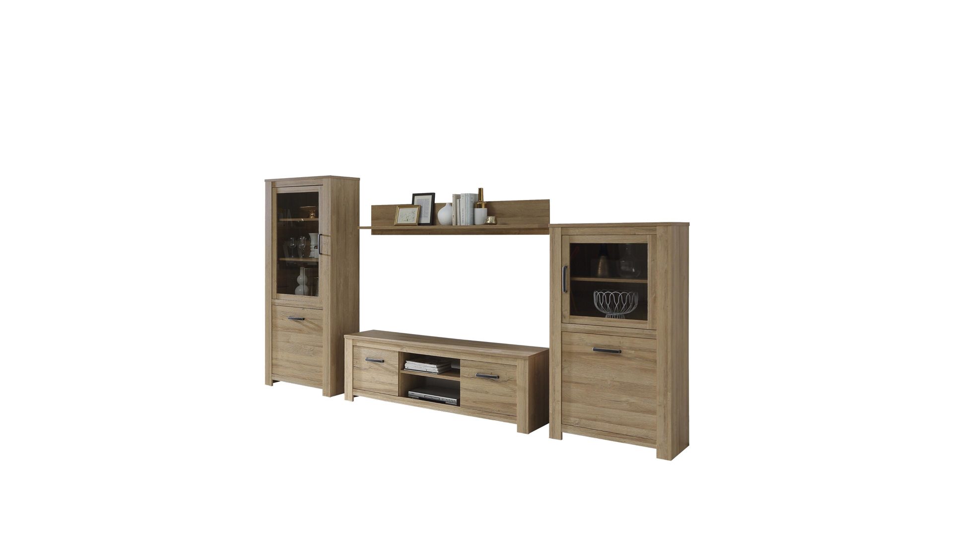 Wohnwand Forte® aus Holz in Holzfarben Wohnkombination alteichefarbene Kunststoffoberflächen – vierteilig