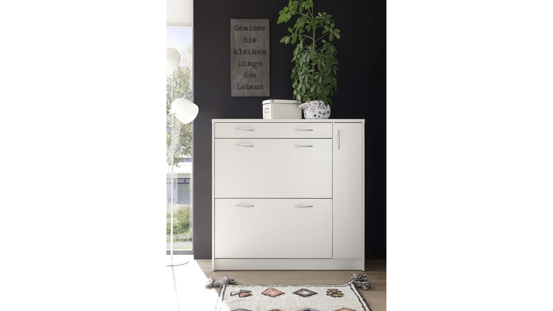 Schuhkipper Bega-consult aus Holz in Weiß Schuhkipper weiße Kunststoffoberflächen – eine Schublade, zwei Klappen,  eine Tür