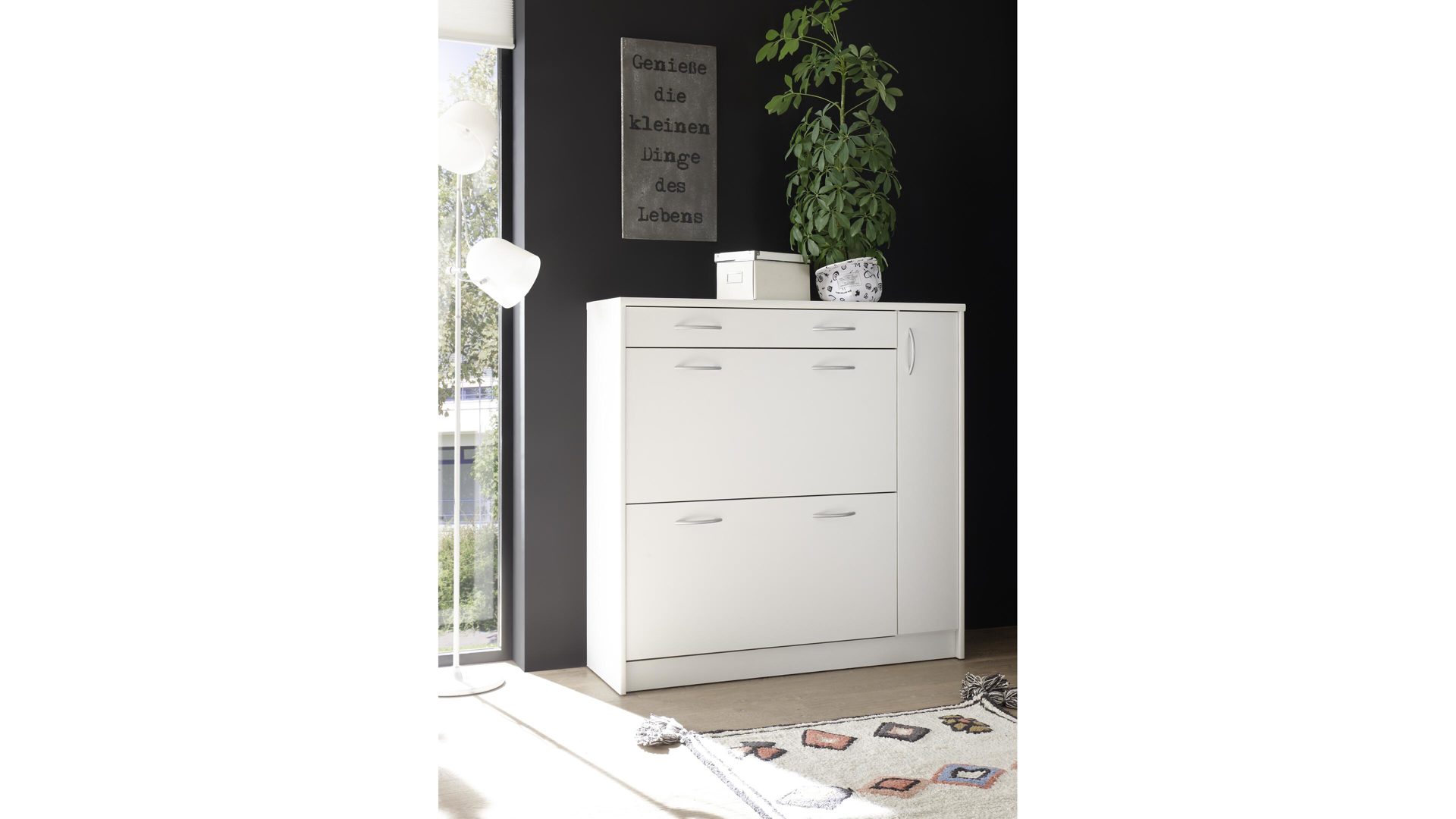 Schuhkipper Bega-consult aus Holz in Weiß Schuhkipper weiße Kunststoffoberflächen – eine Schublade, zwei Klappen,  eine Tür
