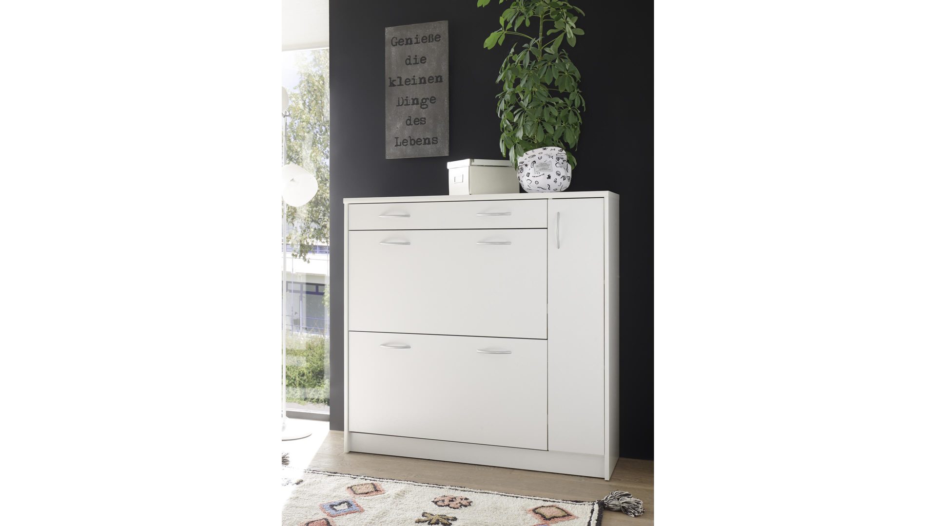 Schuhkipper Bega-consult aus Holz in Weiß Schuhkipper weiße Kunststoffoberflächen – eine Schublade, zwei Klappen,  eine Tür