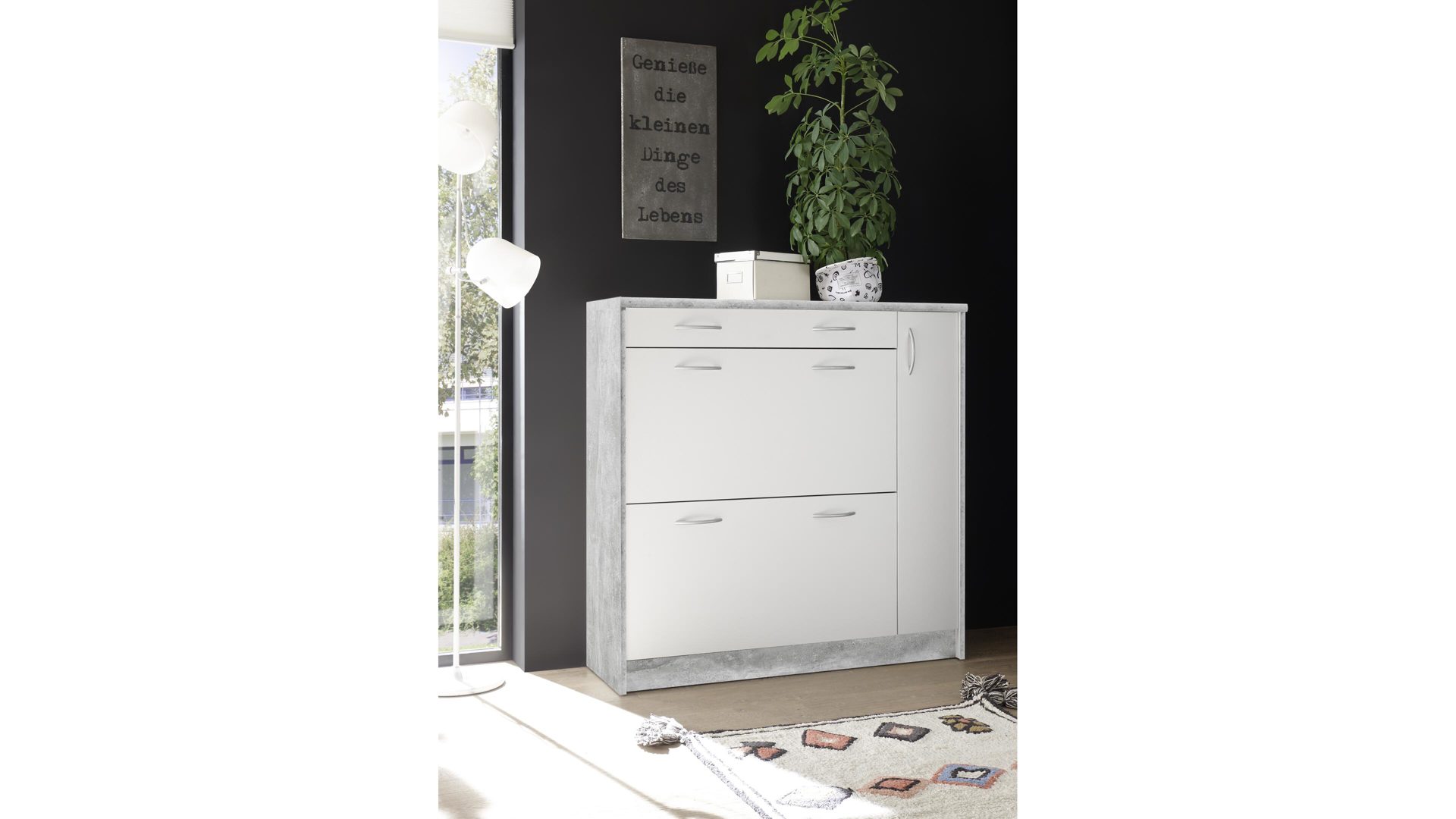 Schuhkipper Bega-consult aus Holz in Grau Schuhkipper betonfarbene & weiße Kunststoffoberflächen – eine Schublade, zwei Klappen,  eine Tür