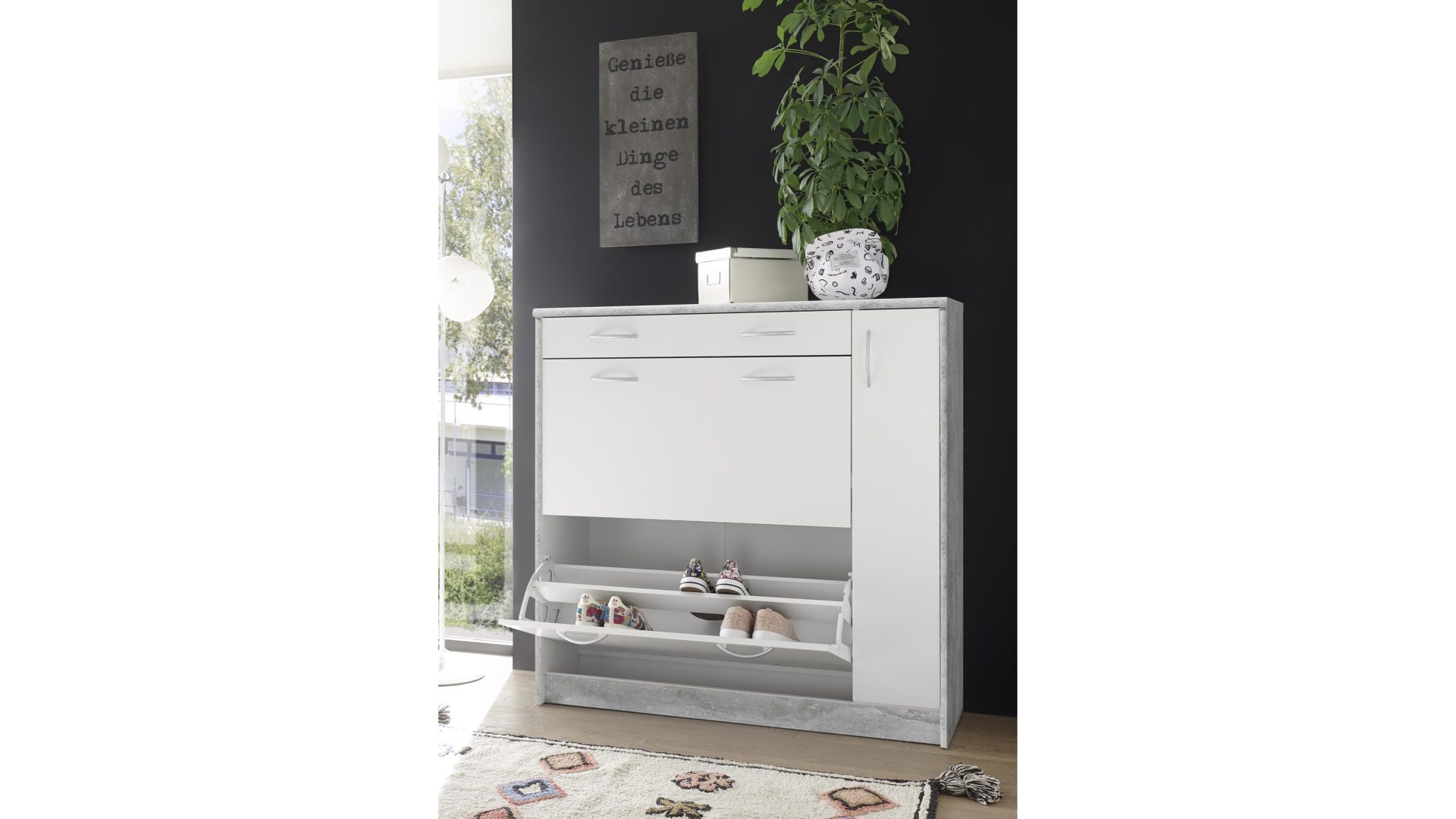 Schuhkipper Bega-consult aus Holz in Grau Schuhkipper betonfarbene & weiße Kunststoffoberflächen – eine Schublade, zwei Klappen,  eine Tür