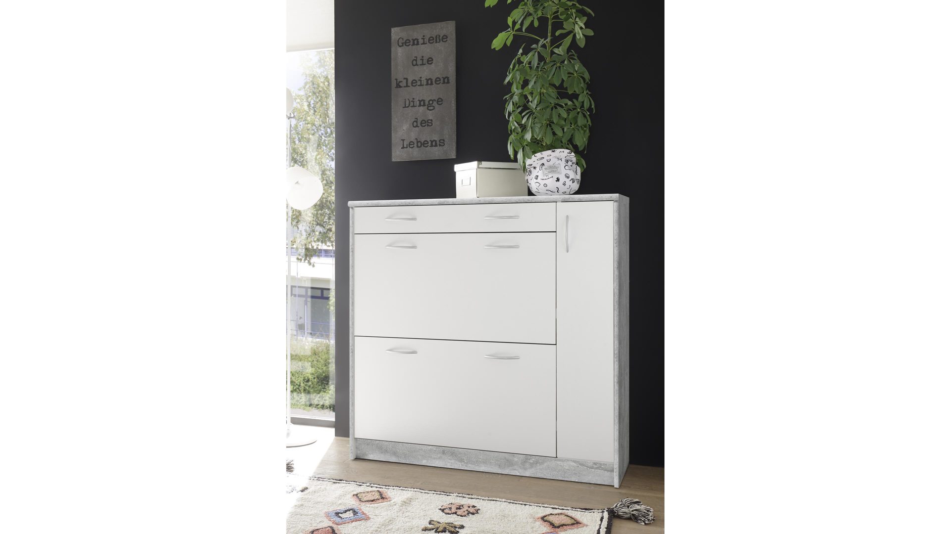 Schuhkipper Bega-consult aus Holz in Grau Schuhkipper betonfarbene & weiße Kunststoffoberflächen – eine Schublade, zwei Klappen,  eine Tür