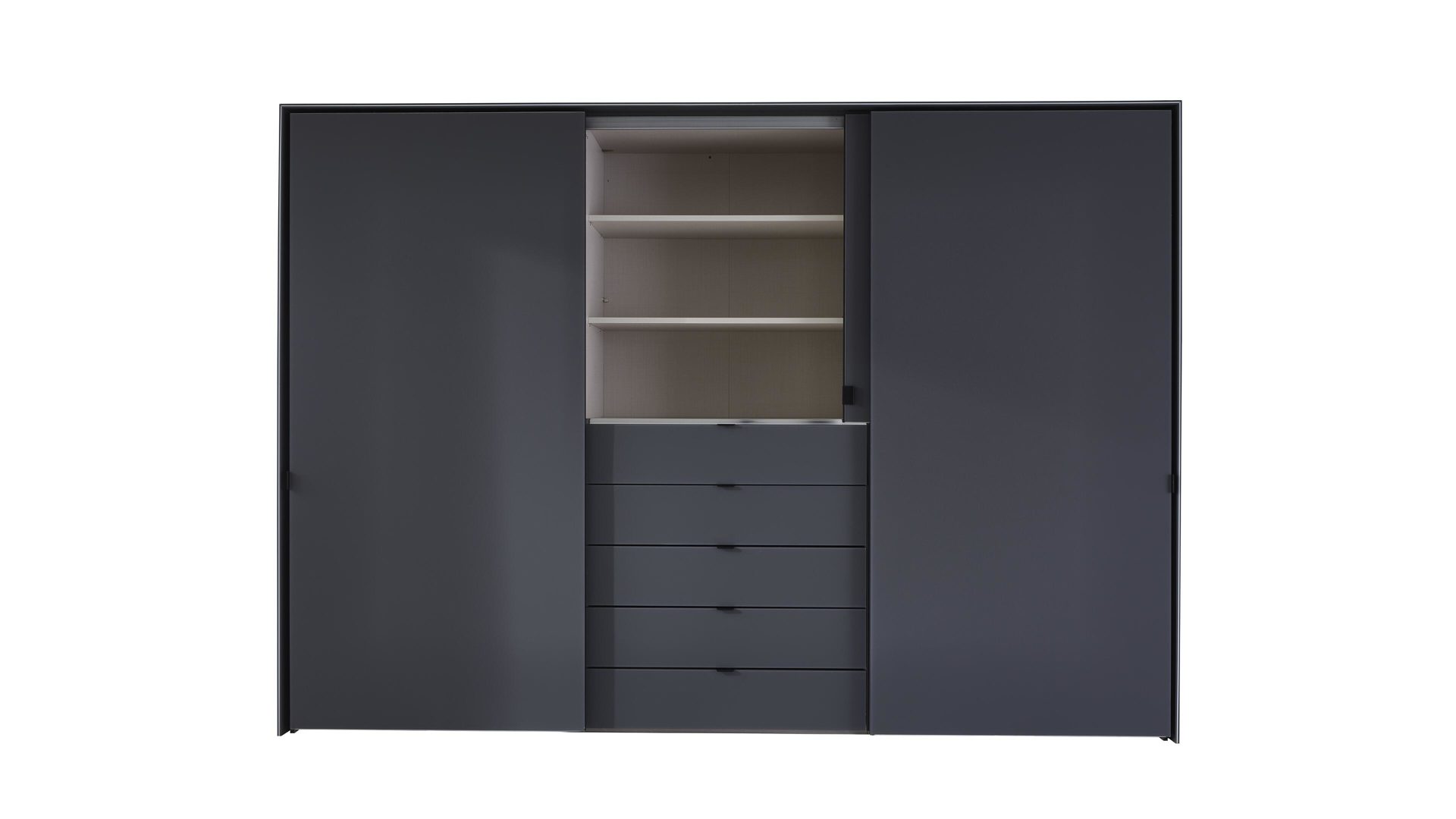 Kleiderschrank Staud aus Glas in Grau STAUD Schwebetürenschrank Media mit TV-Nische Vulkan – drei Türen, fünf Schubladen, Breite ca. 336 cm