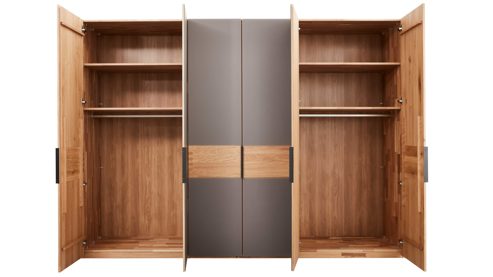 Komplettzimmer Interliving aus Holz in Grau Interliving Schlafzimmer Serie 1015 – Komplettzimmer Wildeiche & Kopfteilpolster – sechstürig, Liegefläche 180 x 200 cm