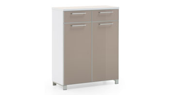 Schuhschrank Voss möebel aus Glas in Braun VOSS MÖBEL Schuhschrank Santina als Dielenmöbel weißer Lack & taupefarbenes Glas – zwei Schubladen, zwei Türen