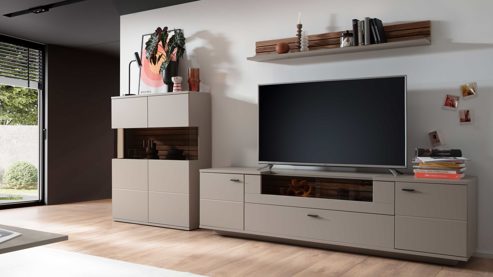 Wohnwand Mca direkt aus Holz in Grau PARTNERRING COLLECTION Wohnprogramm Lüttich - Wohnwand Basaltgrau & Wotan Eiche – dreiteilig, Breite ca. 320 cm