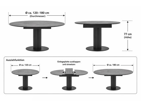 Auszugtisch Interliving aus Keramik in Dunkelgrau Interliving Esszimmer Serie 5104 – Auszugtisch dunkelgraue Tischplatte Industrial & schwarzes Metallgestell – Durchmesser ca. 120-180 cm