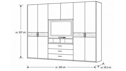 Kleiderschrank Interliving aus Holz in Grau Interliving Kleiderschrank Serie 1207 – Kleiderschrank mit TV-Nische Weiß & Manhattan – sechs Türen, zwei Schubladen, Breite ca. 300 cm