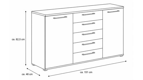 Kombikommode Interliving aus Holz in Weiß Interliving Kleiderschrank Serie 1207 – Kombikommode Weiß & Manhattan – zwei Türen, fünf Schubladen, Breite ca. 151 cm