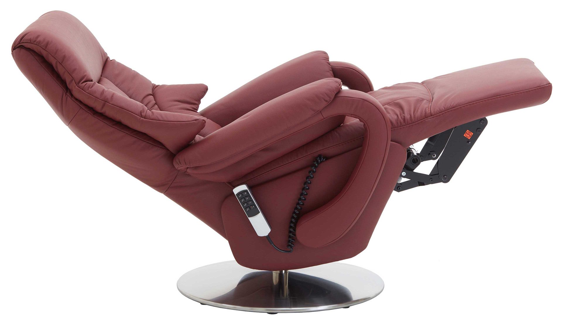 Relaxsessel Steinpol polsteria aus Leder in Rot Relaxsessel mit elektrischen Funktionen melotfarbenes Leder Punch & Edelstahl-Tellerfuß - drei Motoren