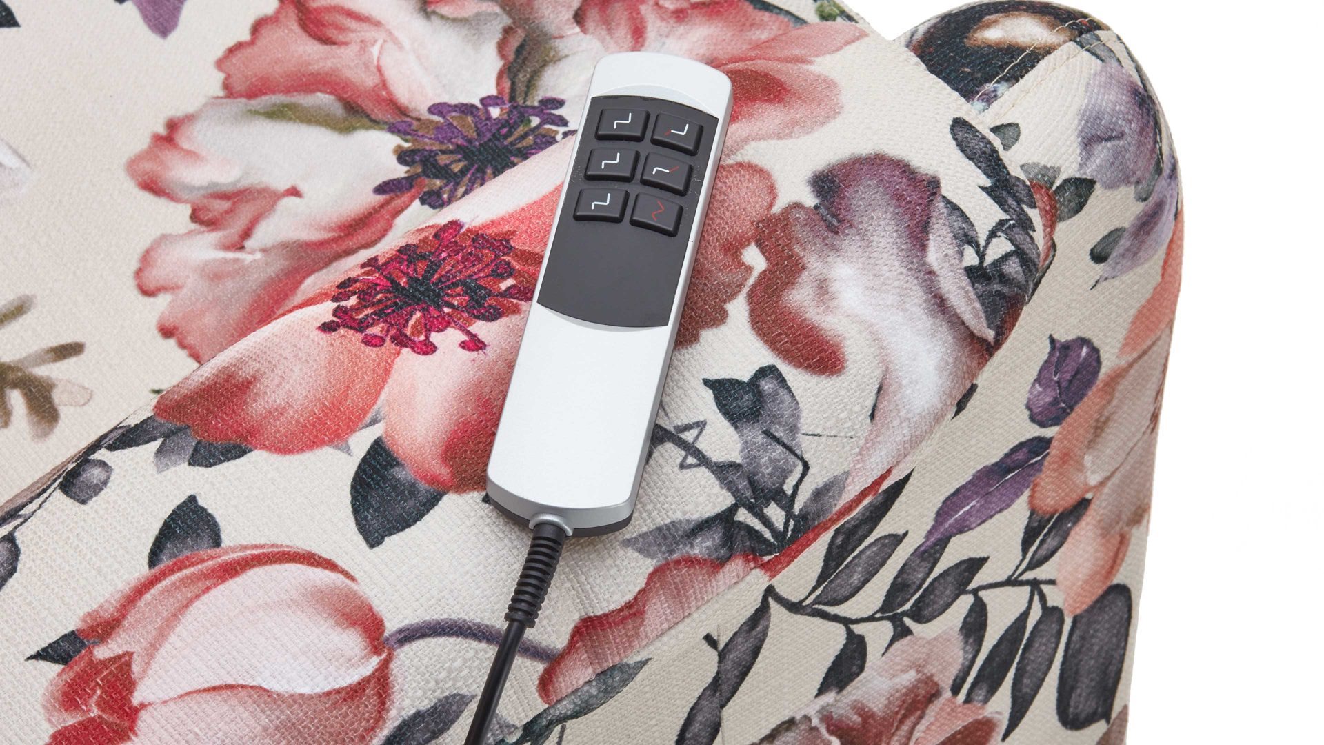 Ohrensessel Steinpol polsteria aus Stoff in Mehrfarbig Ohrensessel mit Motor floraler Stoffbezug Aster beige & Eiche biancofarbene Holzfüße - ein Motor