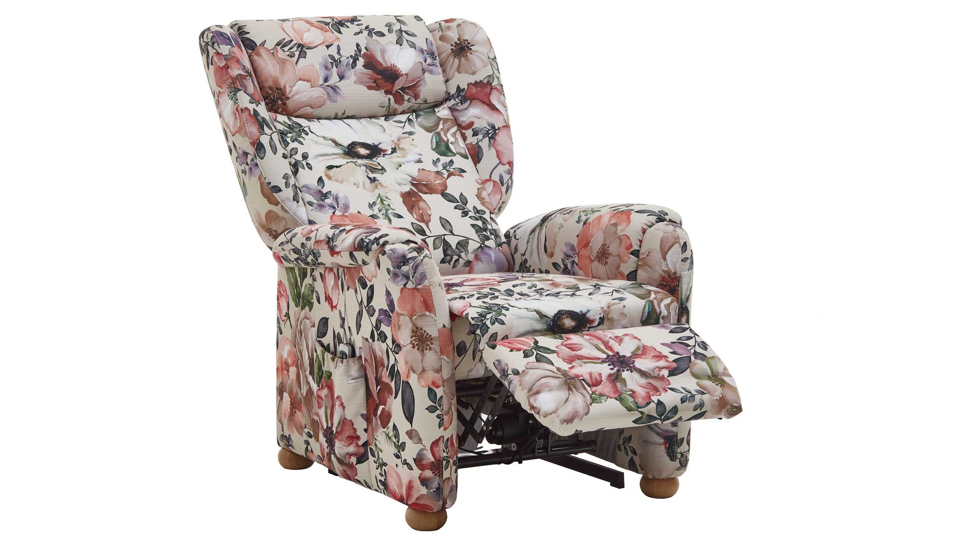 Ohrensessel Steinpol polsteria aus Stoff in Mehrfarbig Ohrensessel mit Motor floraler Stoffbezug Aster beige & Eiche biancofarbene Holzfüße - ein Motor