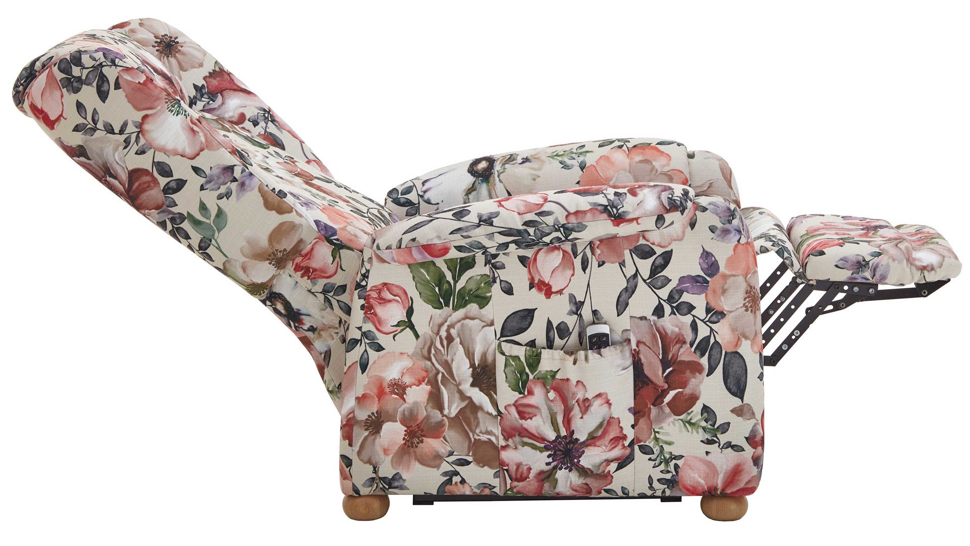 Ohrensessel Steinpol polsteria aus Stoff in Mehrfarbig Ohrensessel mit Motor floraler Stoffbezug Aster beige & Eiche biancofarbene Holzfüße - ein Motor