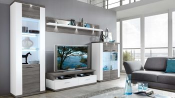Wohnwand Ideal möbel aus Holz in Grau Wohnkombination Manhattan - Wohnwand mit TV-Möbel Weiß & Graphit – fünfteilig, Breite ca. 330 cm