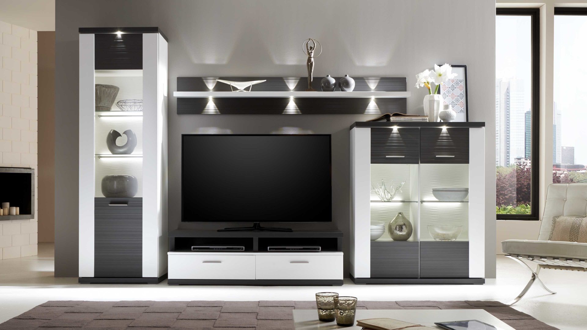 Wohnwand Ideal möbel aus Holz in Grau Wohnkombination Manhattan - Wohnwand mit TV-Möbel Weiß & Graphit – fünfteilig, Breite ca. 330 cm