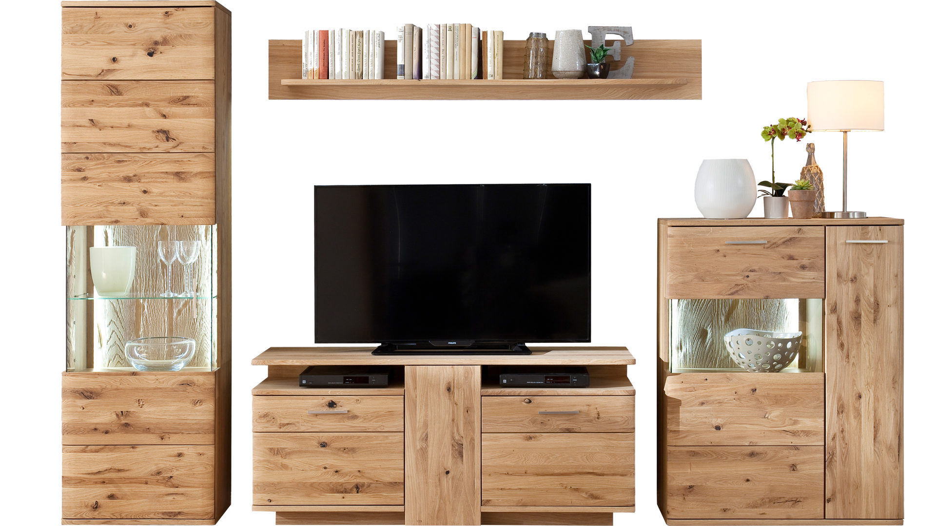 Wohnwand Mca direkt aus Holz in Holzfarben Wohnprogramm Santori - Wohnwand Eiche & Asteiche – vierteilig