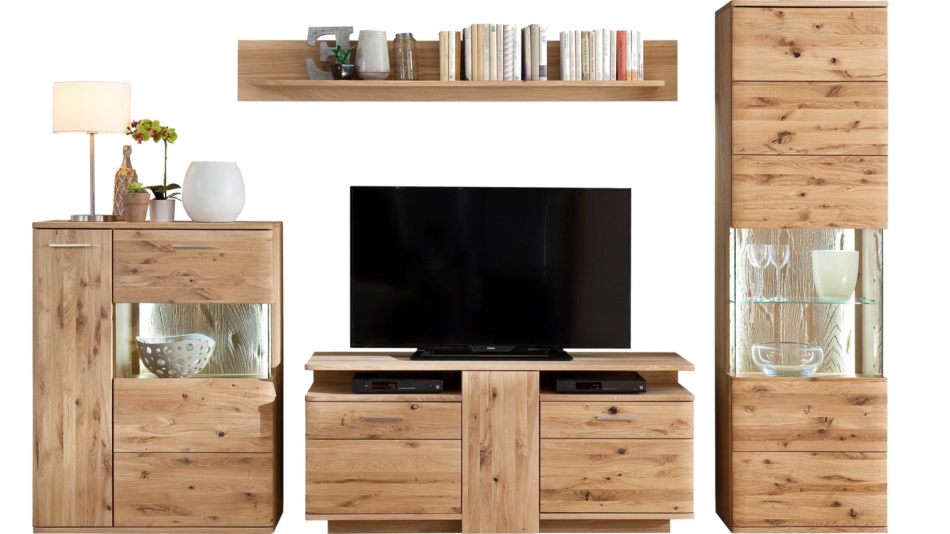 Wohnwand Mca direkt aus Holz in Holzfarben Wohnprogramm Santori - Wohnwand Eiche & Asteiche – vierteilig, Breite ca. 320 cm