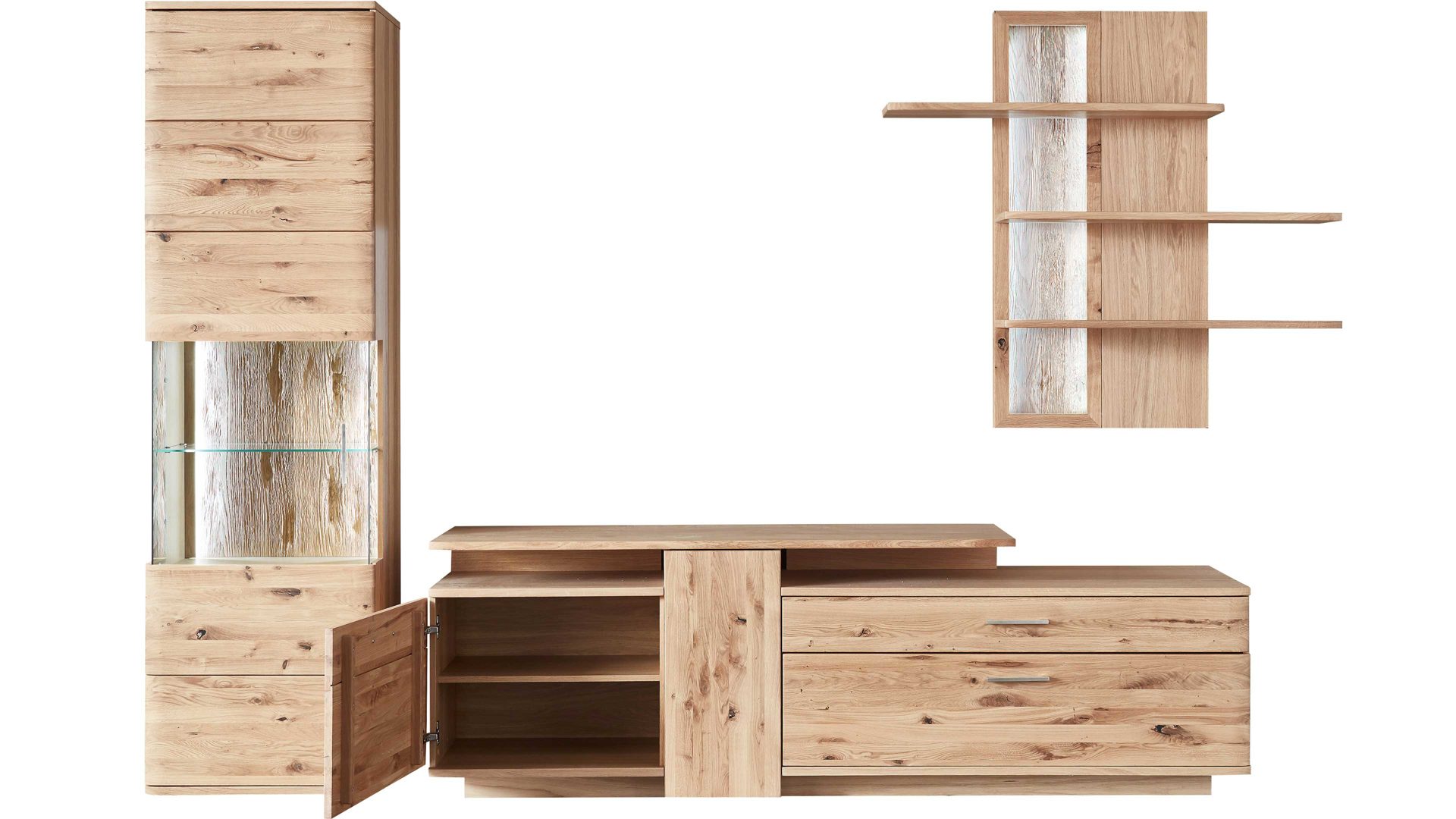 Wohnwand Mca direkt aus Holz in Holzfarben Wohnprogramm Santori - Wohnwand Eiche & Asteiche – dreiteilig, Breite ca. 320 cm