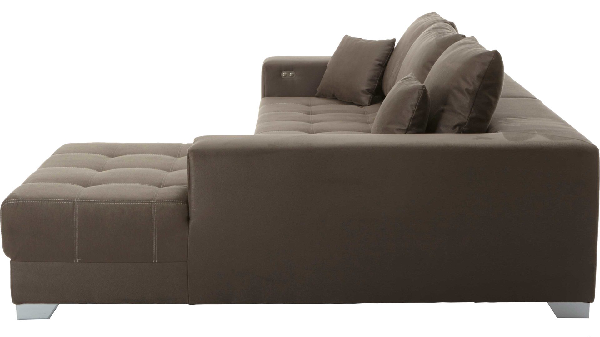 Ecksofa KAWOO aus Stoff in Dunkelbraun KAWOO Ecksofa Merlin mit Nosagunterfederung brauner Bezug Hero 15 & silberfarbene Holzfüße – Stellfläche ca. 262 x 200 cm