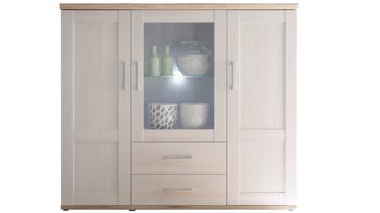 Highboard Hbz meble aus Holz in Weiß Highboard Romance Sibiu Lärche & San Remo hell – drei Türen, zwei Schubladen