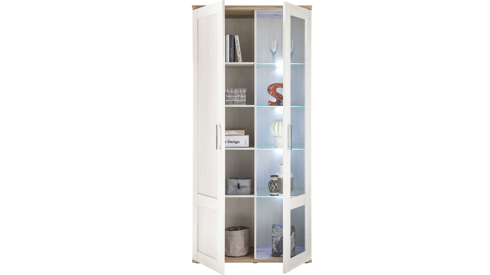 Vitrine Hbz meble aus Holz in Weiß Vitrinenschrank Romance Sibiu Lärche & San Remo hell - zwei Türen