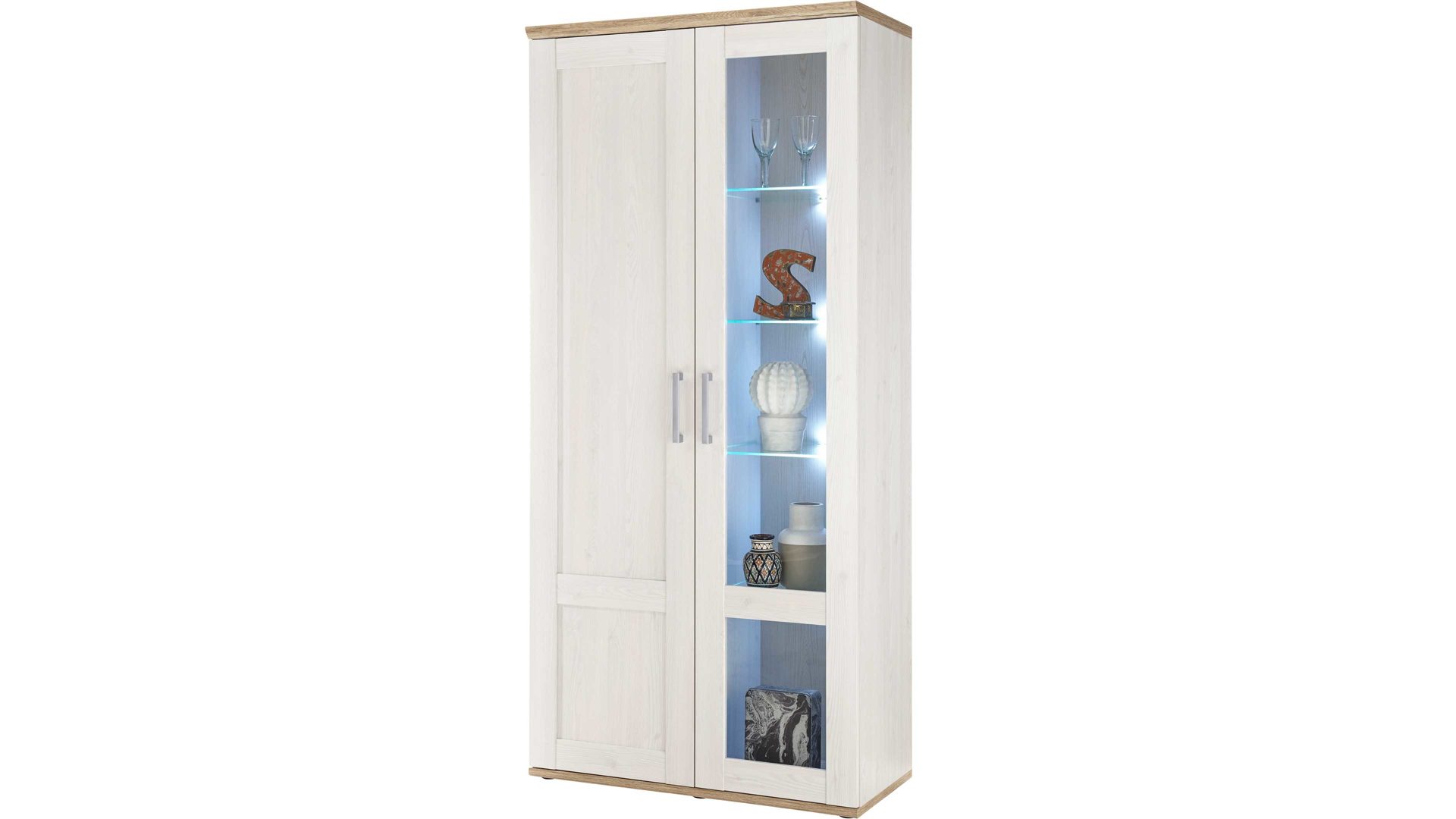 Vitrine Hbz meble aus Holz in Weiß Vitrinenschrank Romance Sibiu Lärche & San Remo hell - zwei Türen