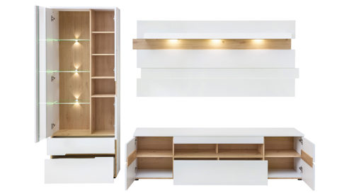 Wohnwand Innostyle aus Holz in Weiß Wohnzimmer Serie Memphis - Wohnwand Weiß & Artisan Eiche - dreiteilig