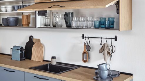 Einbauküche Nobilia® aus Holz in Hellblau nobilia® Einbauküche Senso mit JUNKER Elektrogeräten, z. B.  Backofen Sky, Eiche Como & Stripewood light - Stellfläche ca. 310 x 245 cm