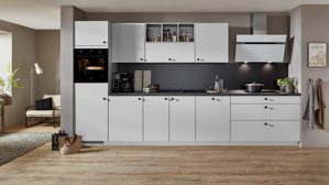 Einbauküche Nobilia® aus Holz in Hellgrau nobilia® Einbauküche Softline mit Elektrogeräten, z. B. Kühlschrank Seidengrau - Länge ca. 390 cm