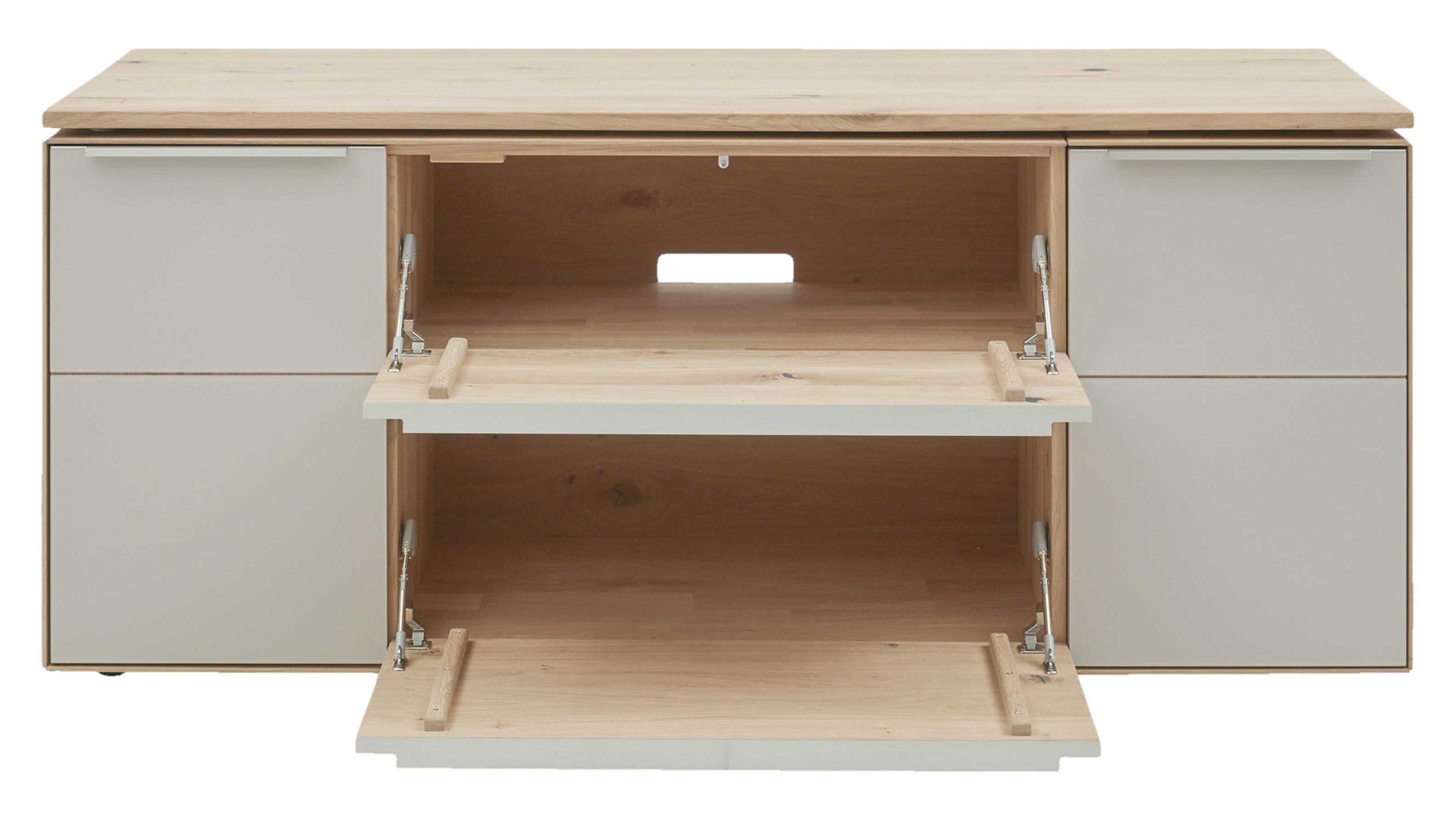 Schreibtisch Interliving aus Holz in Hellgrau Interliving Wohnzimmer Serie 2020 - Verwandlungs-Sideboard 151283 Asteiche bianco & Schlamm – zwei Türen, zwei Klappen